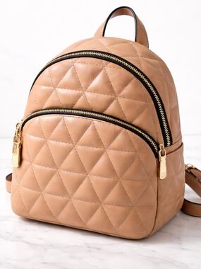 Steve Madden Quilted Mini Backpack Tan Faux Leather Gold Hardware
